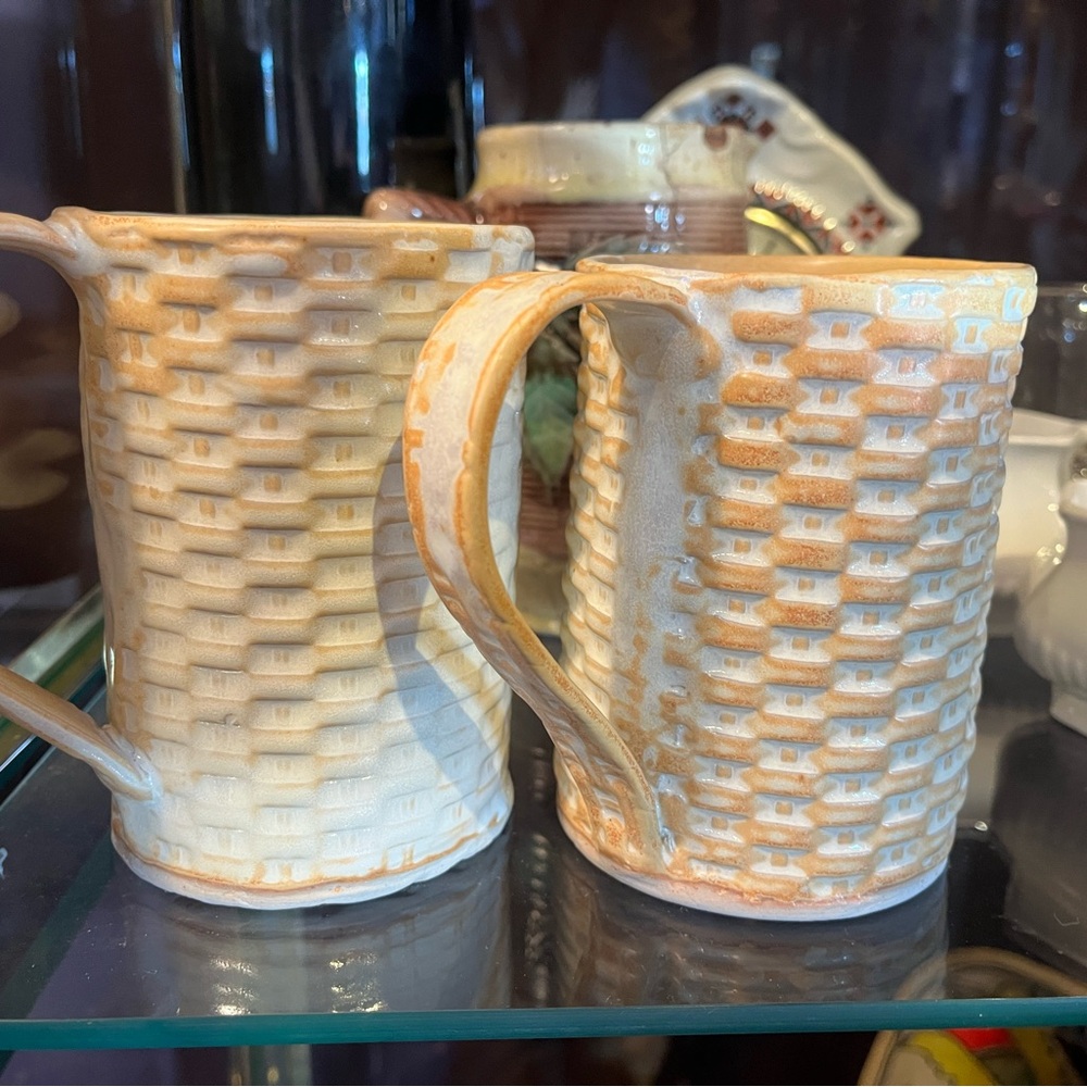 Textured Ceramic Basketweave Mugs - Set of 2 - Cream and Light Brown